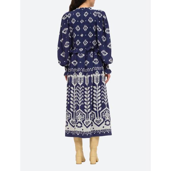 NEW SEA sonia long sleeve smocked dress in navy - Picture 3 of 4